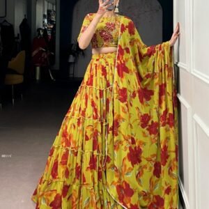 Haldi Special Yellow Marble Floral Print Lehenga Choli
