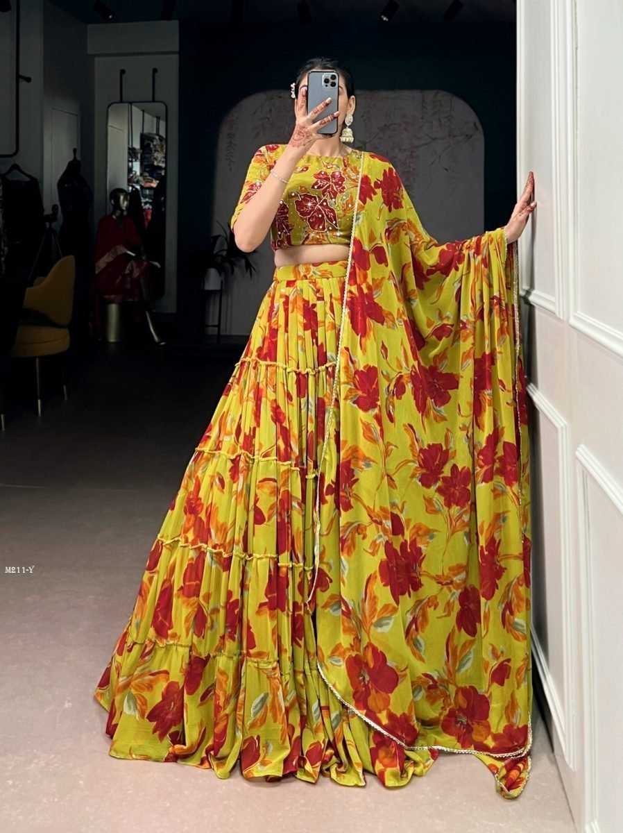 haldi special yellow marble fl 1771837343 Haldi Special Yellow Marble Floral Print Lehenga Choli