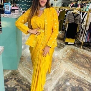 Haldi Wear Bright Yellow Ready To Wear Saree With Jacket