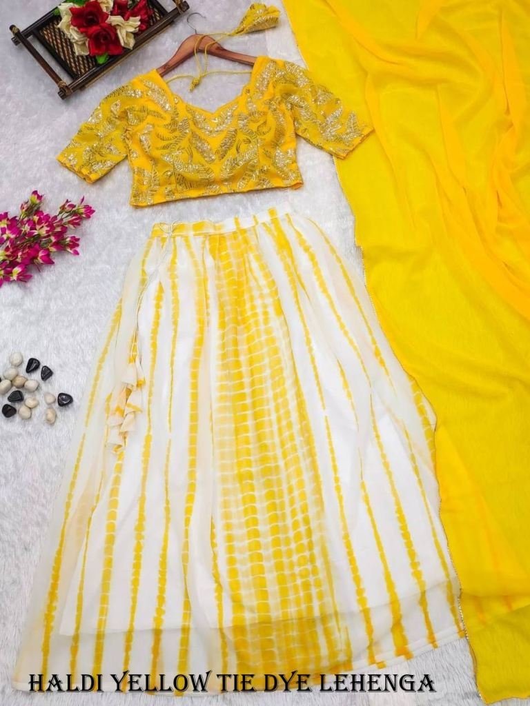 haldi yellow color tie dye geo 1716986384 Haldi Yellow Color Tie Dye Georgette Bridesmaid Lehenga