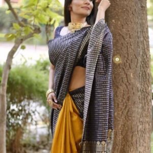 Half Half Color Combination Golden Zari Silk Saree