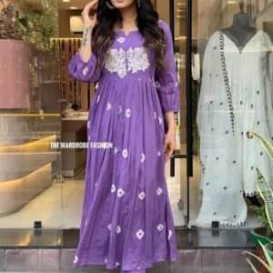 Hand Work Embroidered Cotton Purple Kurti Pant Set
