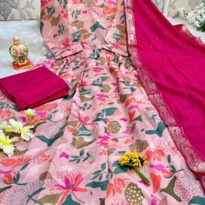 Hand Work Light Pink Kurti Pant With Dupatta