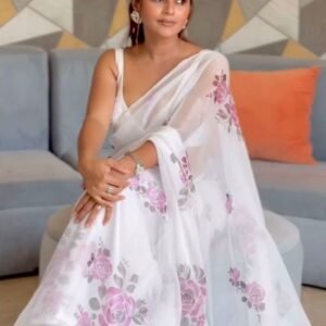 Hand Work Printed Organza White Saree