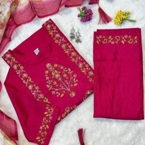 Hand Work Rani Color Kurti Pant With Dupatta