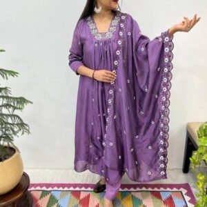 Hand Work Vichitra Silk Party Wear A line Gown Pant With Dupatta Set