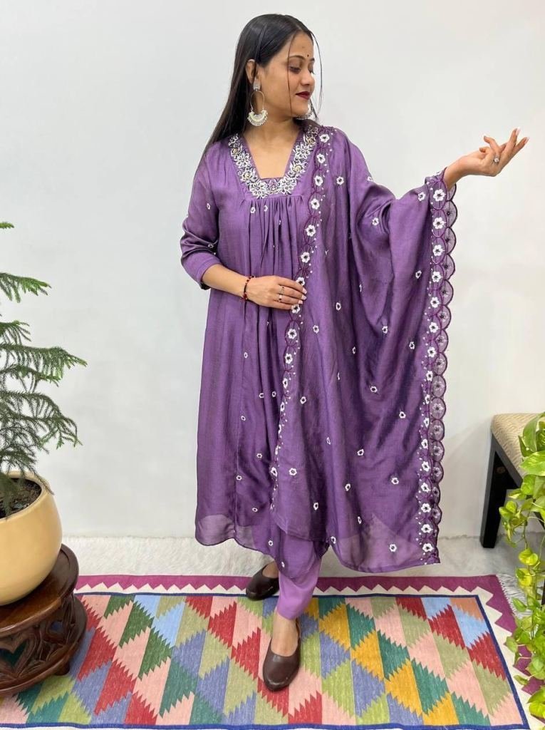 hand work vichitra silk party 1746875495 Hand Work Vichitra Silk Party Wear A line Gown Pant With Dupatta Set