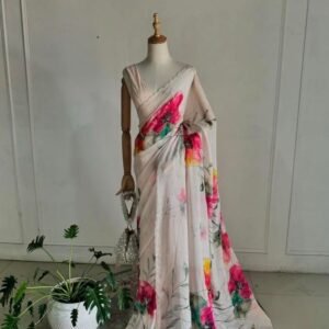 Hand Work White Organza Saree With Blouse