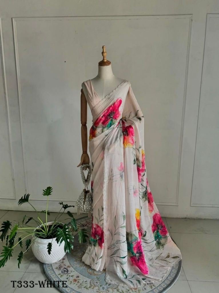 hand work white organza saree 1724135972 Hand Work White Organza Saree With Blouse