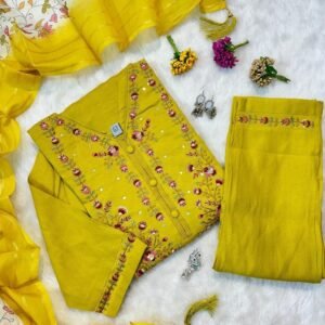 Hand Work Yellow Muslin Kurti Pant Dupatta Set