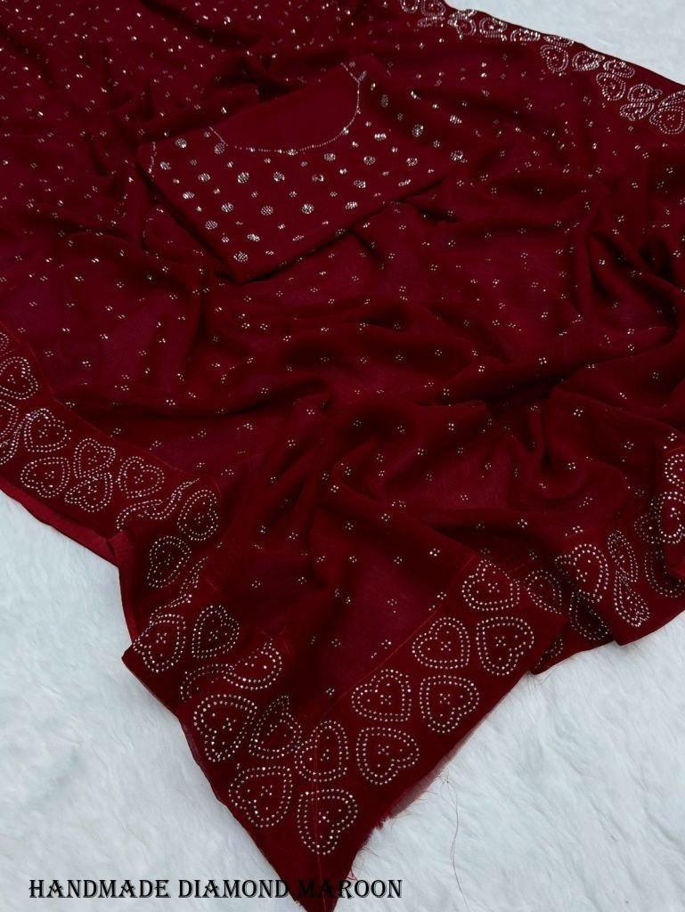 handmade diamond seroquacy wor 1717414507 Handmade Diamond Siroski Work Maroon Saree