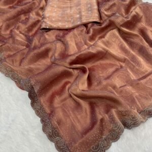 Handmade Diamond Siroski Work Shiny Brown Saree
