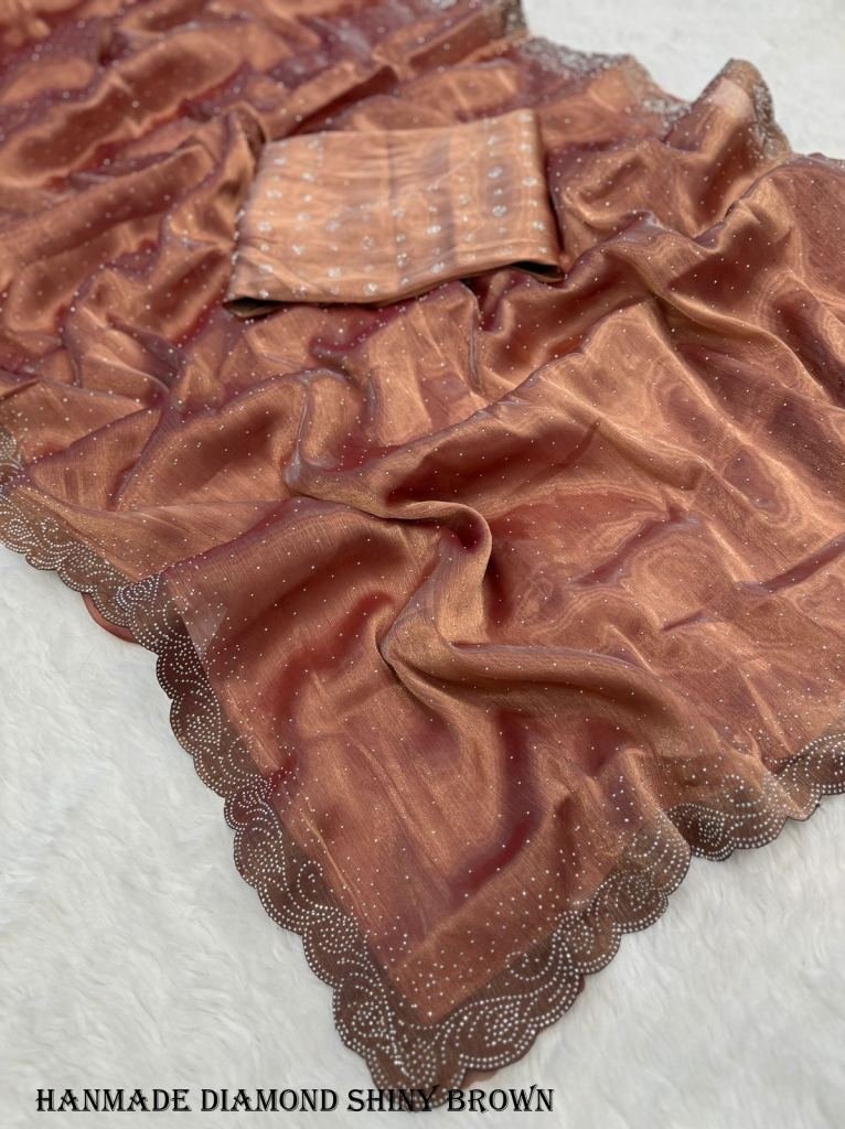 handmade diamond seroquacy wor 1717414755 Handmade Diamond Siroski Work Shiny Brown Saree