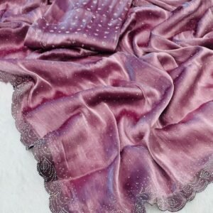 Handmade Diamond Siroski Work Burgundy Pink Saree