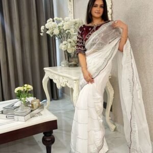 Handwork White Pure Jimmy Choo Satin Saree