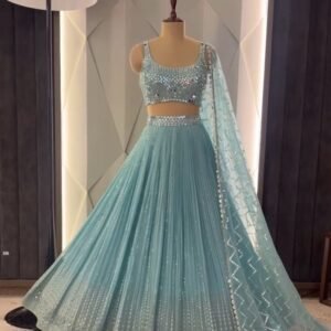 Heavy Bridal Wear Sky blue Lehenga Choli With Real Mirror Hand Work