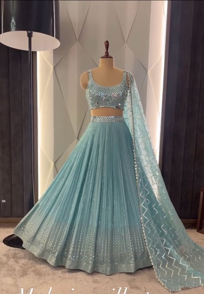 heavy bridal wear lehenga chol 1741847312 Heavy Bridal Wear Sky blue Lehenga Choli With Real Mirror Hand Work
