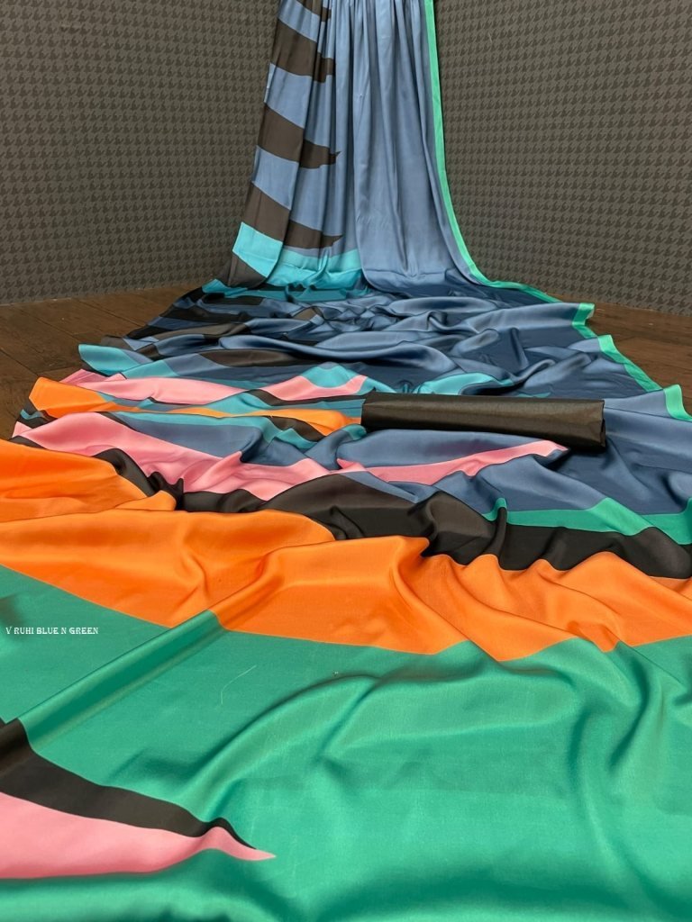 heavy devsena blue and green s 1716813924 Heavy Devsena Blue and Green Soft Silk 4D Effect Digital Print Saree