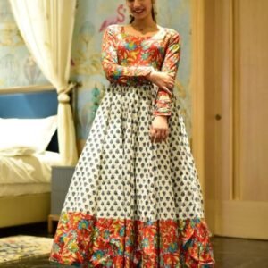 Heavy Digital Printed Cotton Silk White Long Gown