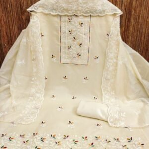 Heavy Embroidered Chanderi Cream Unstitch Dress
