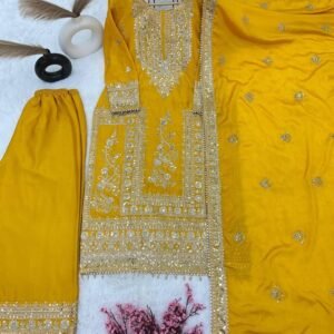 Heavy Embroidery Coding Dori Sequence Work Yellow Readymade Palazzo Suit