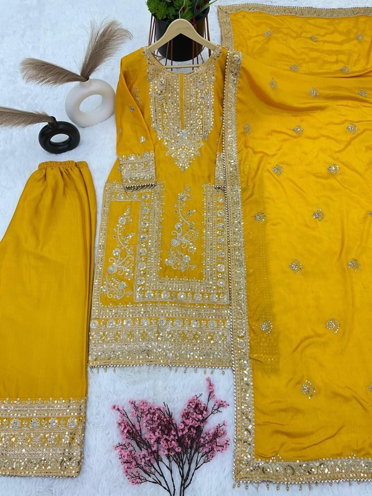 heavy embroidery coding dori s 1715940287 Heavy Embroidery Coding Dori Sequence Work Yellow Readymade Palazzo Suit