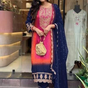 Navy Blue Kurti Pant Set With Embroidered Work