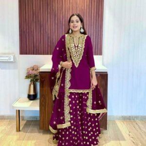Heavy Embroidery Sequence Work Purple Kurti Palazo And Dupatta Set