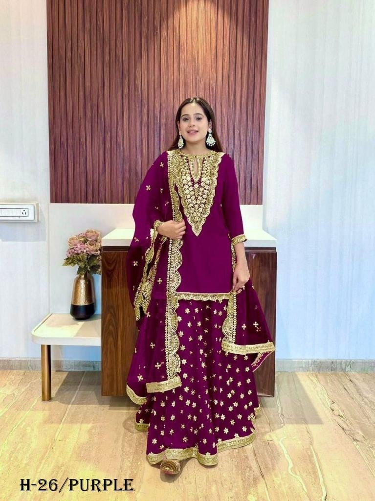 heavy embroidery sequence work 1722862017 Heavy Embroidery Sequence Work Purple Kurti Palazo And Dupatta Set