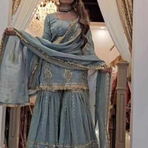 Heavy Embroidery Work Grey Sharara Suit For Women