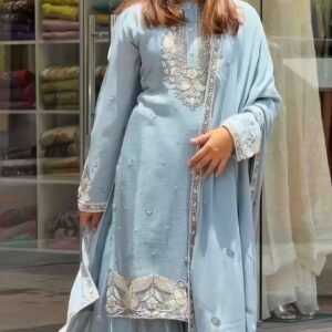Heavy Faux Georgette Embroidery Blue Gharara and Dupatta Set