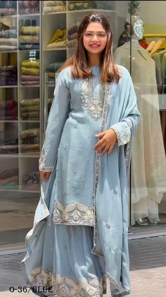 heavy faux georgette blue ghar 1722860042 Heavy Faux Georgette Embroidery Blue Gharara and Dupatta Set