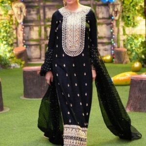Heavy Georgette Embroidery Work Black Kurti Palazzo Set