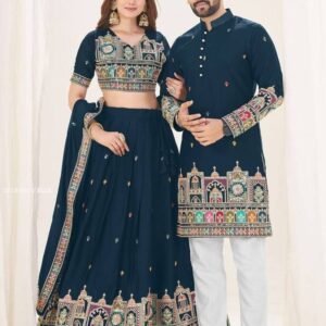 Heavy Georgette Silk Navy Blue Lehenga Choli And Kurta Set