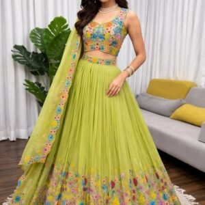 Heavy Green Tabby Organza Silk Lehenga Choli With Thread With Sequence