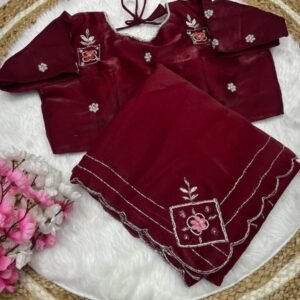 Heavy Jimmy Choo Maroon Saree with Khatli Cut Work