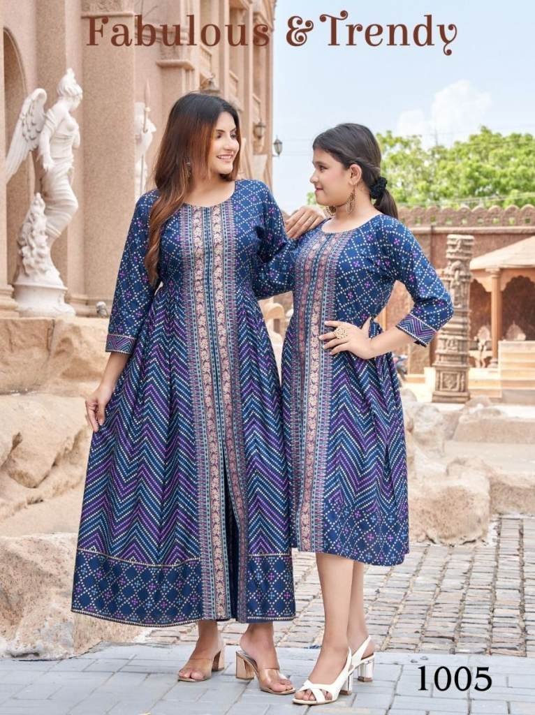 heavy rayon gold foil print bl 1714036166 Heavy Rayon Gold Foil Print Blue Mother Daughter Kurti Combo Set
