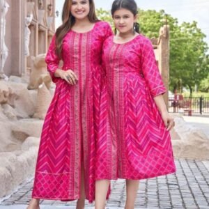 Heavy Rayon Gold Foil Print Pink Mother Daughter Kurti Combo Set