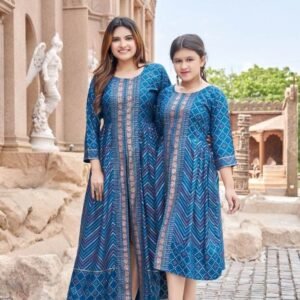 Heavy Rayon Gold Foil Print Rama Blue Mother Daughter Kurti Combo Set