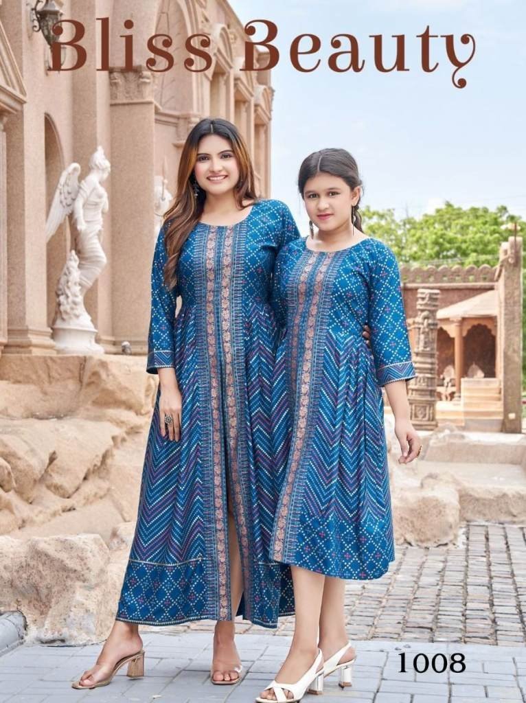 heavy rayon gold foil print ra 1714036384 Heavy Rayon Gold Foil Print Rama Blue Mother Daughter Kurti Combo Set
