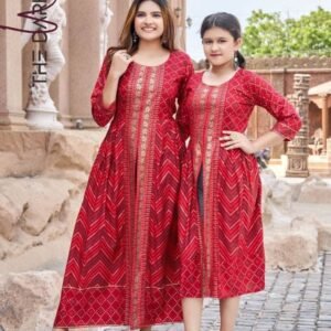 Heavy Rayon Gold Foil Print Red Mother Daughter Kurti Combo Set