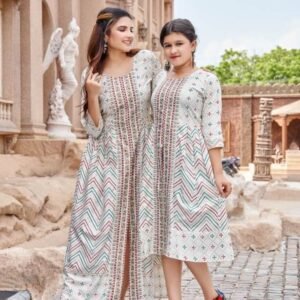Heavy Rayon Gold Foil Print White Mother Daughter Kurti Combo Set