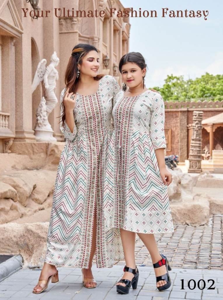 heavy rayon gold foil print wh 1714035974 Heavy Rayon Gold Foil Print White Mother Daughter Kurti Combo Set