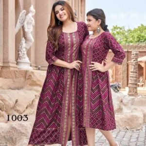 Heavy Rayon Gold Foil Print Wine Mother Daughter Kurti Combo Set
