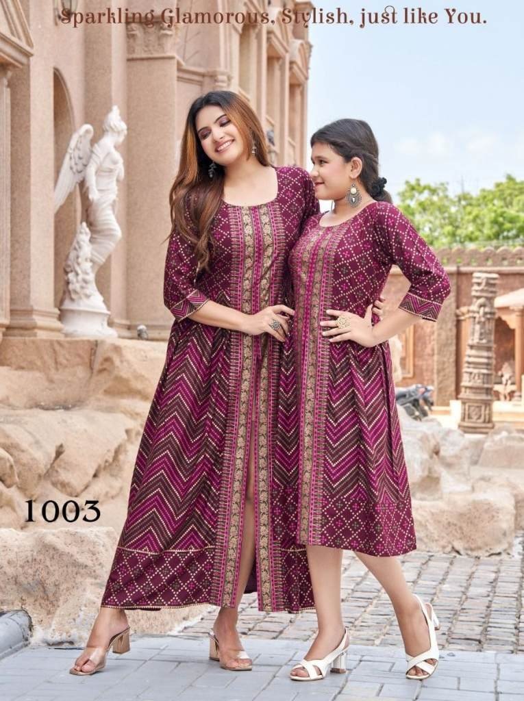 heavy rayon gold foil print wi 1714036048 Heavy Rayon Gold Foil Print Wine Mother Daughter Kurti Combo Set