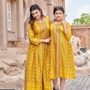 Heavy Rayon Gold Foil Print Yellow Mother Daughter Kurti Combo Set