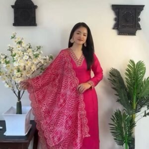 Heavy reyon pink readymade suit with fancy dupatta
