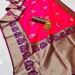 Heavy Silk Meena Work Pink Saree With Unstitched Blouse Piece