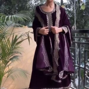 Heavy Viscose Velvet Purple Kurti Bottom and Dupatta
