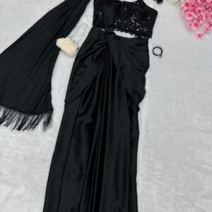 Hot Black Satin Silk Western Saree